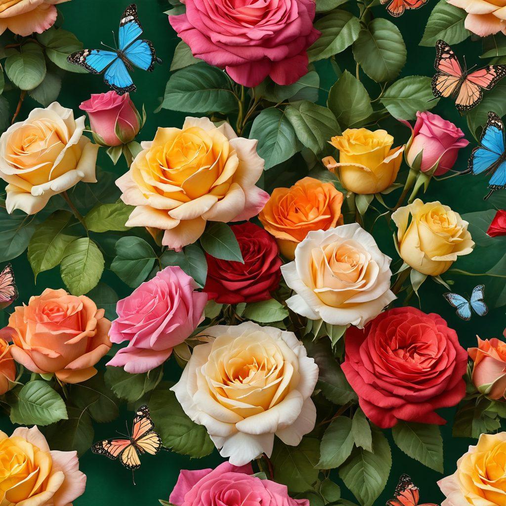 A vibrant garden filled with a variety of colorful roses, showcasing intricate floral arrangements in various styles, with soft sunlight filtering through the petals. Include a peaceful setting with a wooden table displaying fresh rose bouquets, surrounded by lush greenery and whimsical butterflies. Capture the essence of creativity and nature's beauty. super-realistic. vibrant colors. soft background.