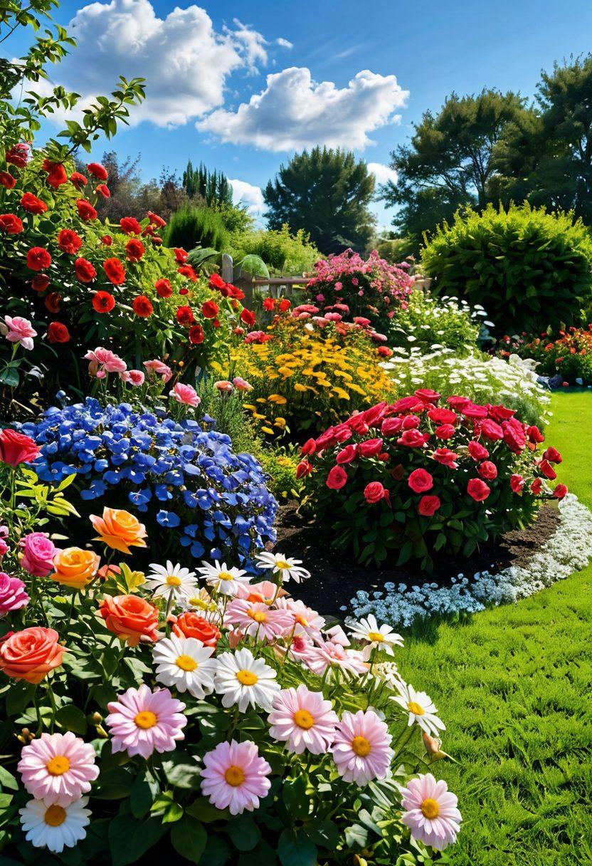 A serene garden bursting with colorful, thriving flowers in full bloom, showing a diverse array of species from roses to daisies. Include a gentle breeze ruffling the petals and a soft sunlight illuminating the scene, creating a warm and inviting atmosphere. Incorporate gardening tools scattered around, hinting at care and maintenance. The background can feature a clear blue sky with a few fluffy clouds, symbolizing tranquility. vibrant colors. super-realistic. natural light.