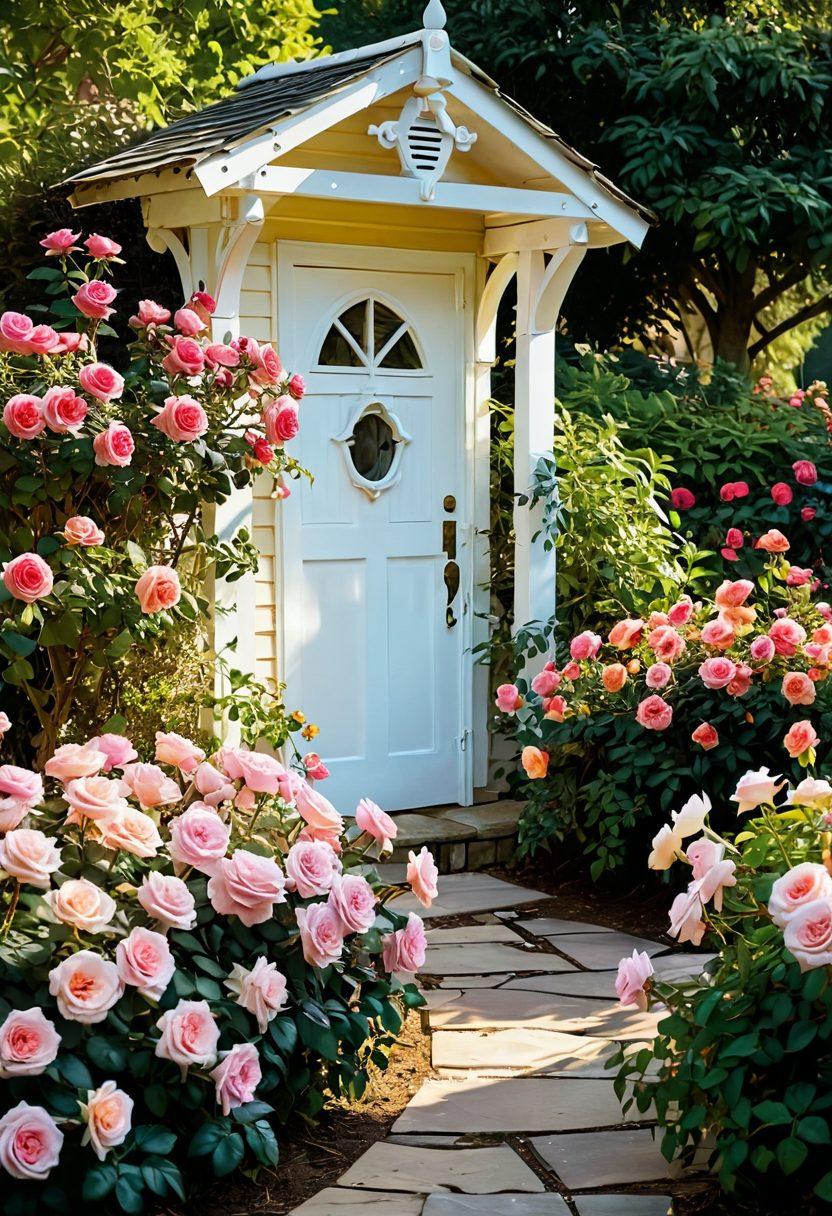 A vibrant vintage rose garden in full bloom, featuring an array of colorful roses in various shades of pink, yellow, and cream. Include vintage garden tools, whimsical decorations like birdhouses and butterfly ornaments, and a tranquil pathway lined with lush greenery. Soft sunlight filters through the leaves, creating a warm and inviting atmosphere. Emphasize a sense of joy and tranquility. super-realistic. vibrant colors. soft focus.